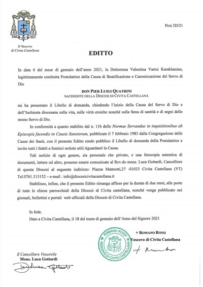 Editto introduzione causa di Beatificazione don Pier Luigi Quatrini